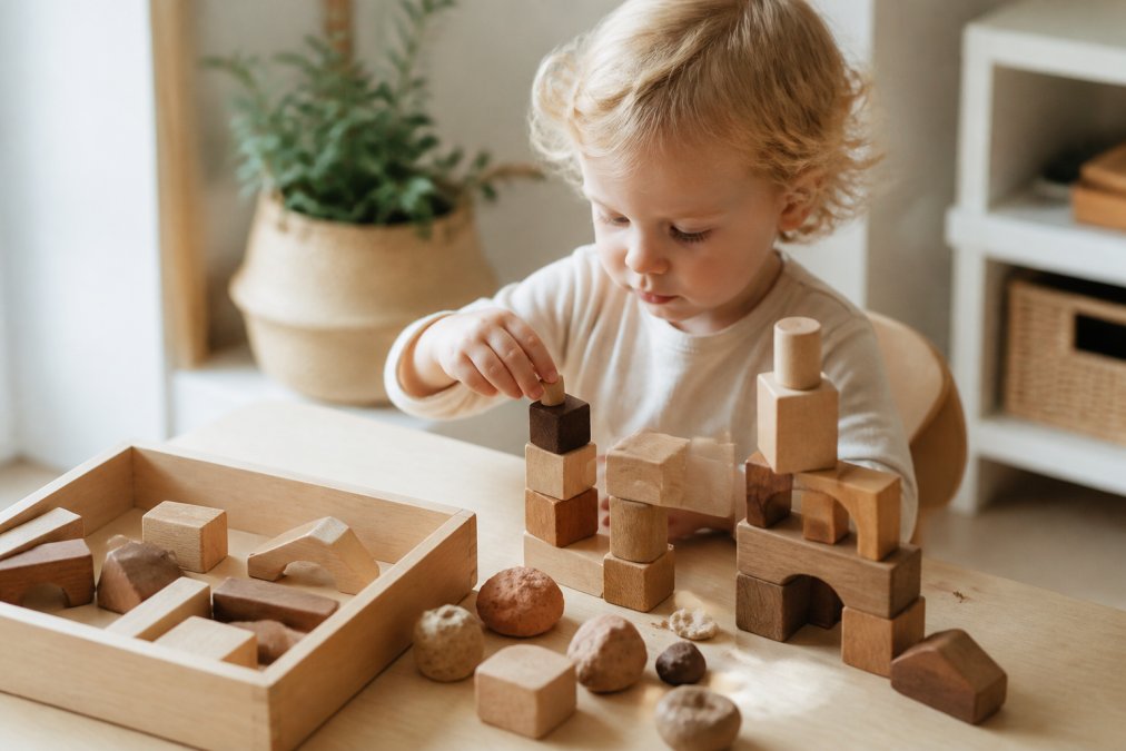 Een peuter speelt aan een houten tafel met natuurlijke speelklei in aardetinten en houten bouwblokken, zacht natuurlijk licht valt door het raam