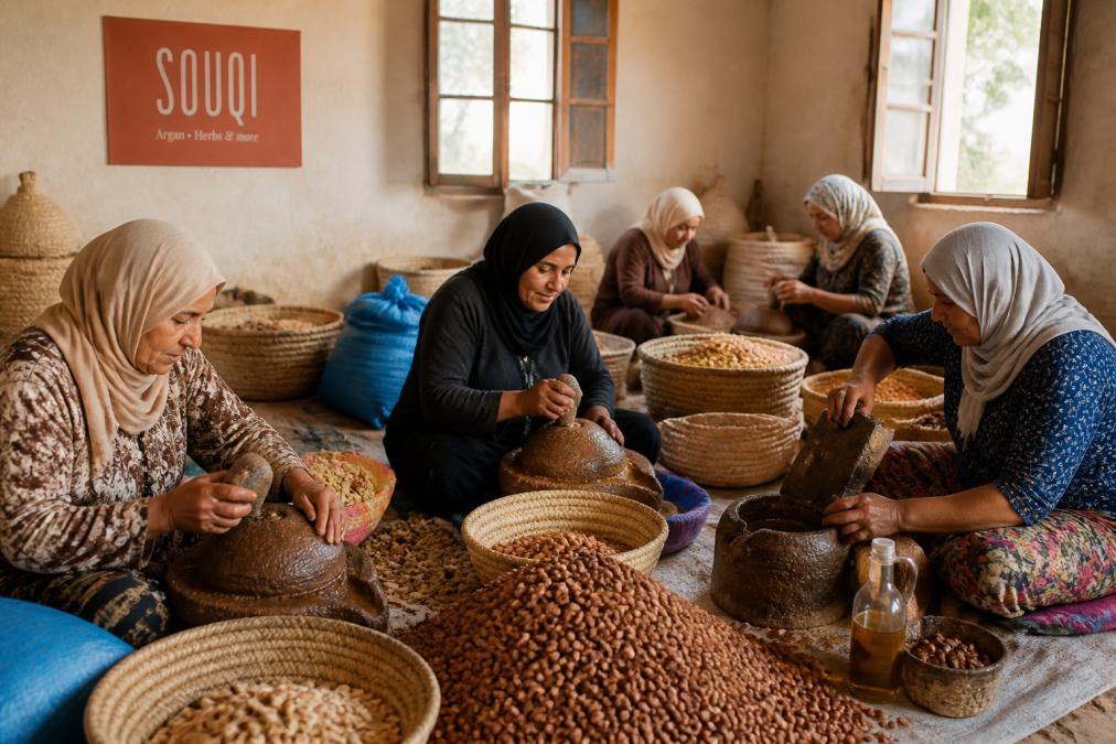 Vrouwen die met de hand arganvruchten oogsten en verwerken in traditionele ambachtelijke omgeving, met stapels noten en handmatige persapparatuur, natuurlijk daglicht door ramen