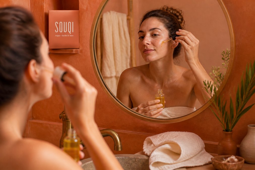 Rustig ochtendritueel: een vrouw met een natuurlijke, stralende huid brengt een paar druppels arganolie aan op haar wang bij een zacht verlichte spiegel, met een glazen flesje en een katoenen washandje op de wastafel