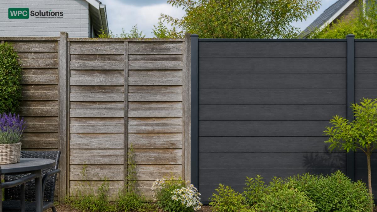 Tuinschuttingen naast elkaar vergeleken: links een verouderde houten schutting met zichtbare grijze verkleurde vlekken, scheuren en verwering door jaren weersblootstelling, rechts een moderne antracietkleurige composiet schutting die nog steeds strak en kleurvast uitziet