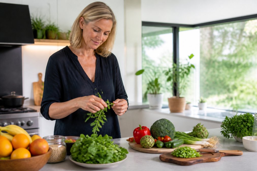 Vrouw bereidt gezonde voeding in een lichte keuken voor een goede darmgezondheid essentieel, omringd door verse groenten en