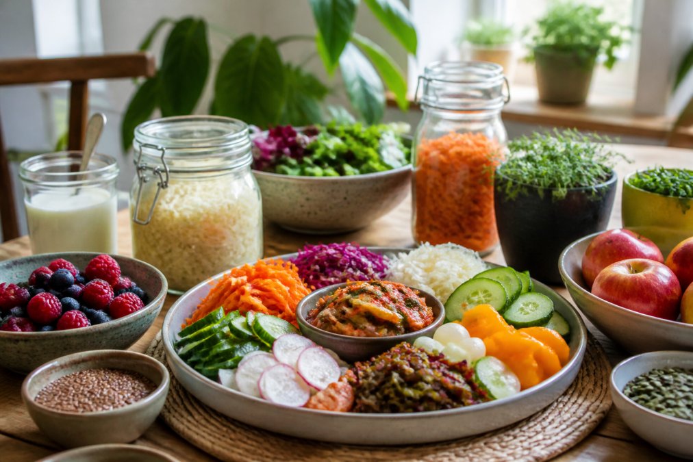 Kleurrijk bord met gefermenteerde voeding en verse groenten voor een darmgezondheid essentieel dieet in natuurlijk licht.