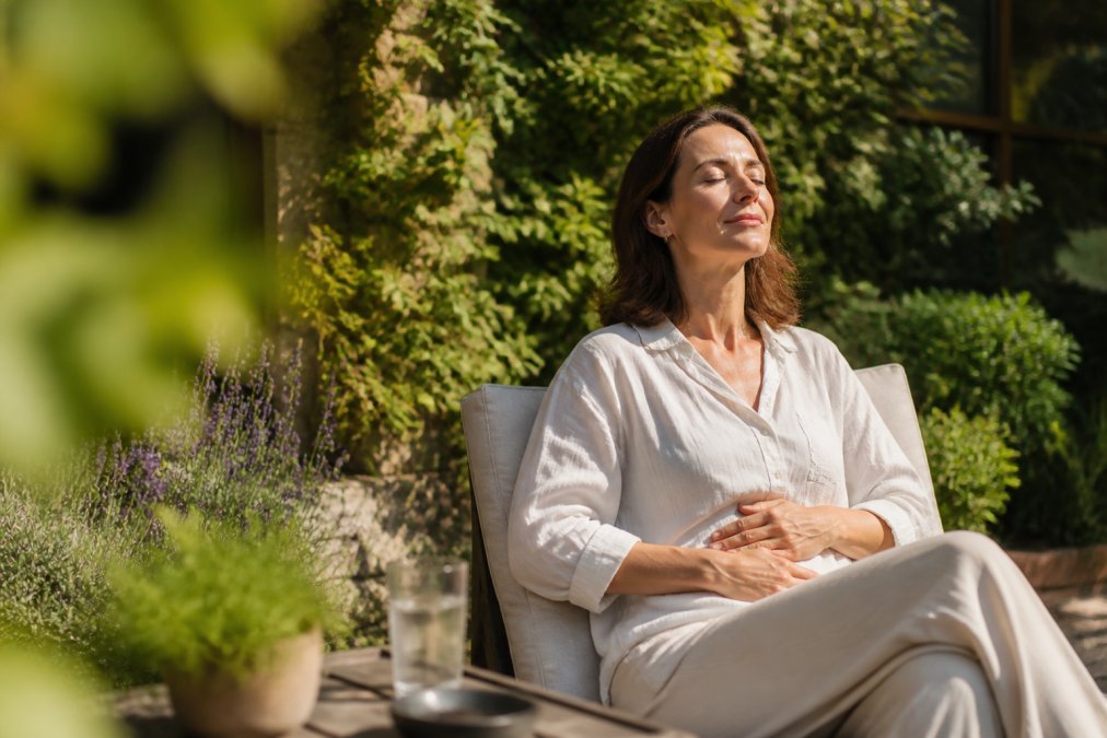 Vrouw van veertig ontspant in een zonnige tuin voor darmgezondheid vitaliteit en mentaal welzijn in een serene omgeving.