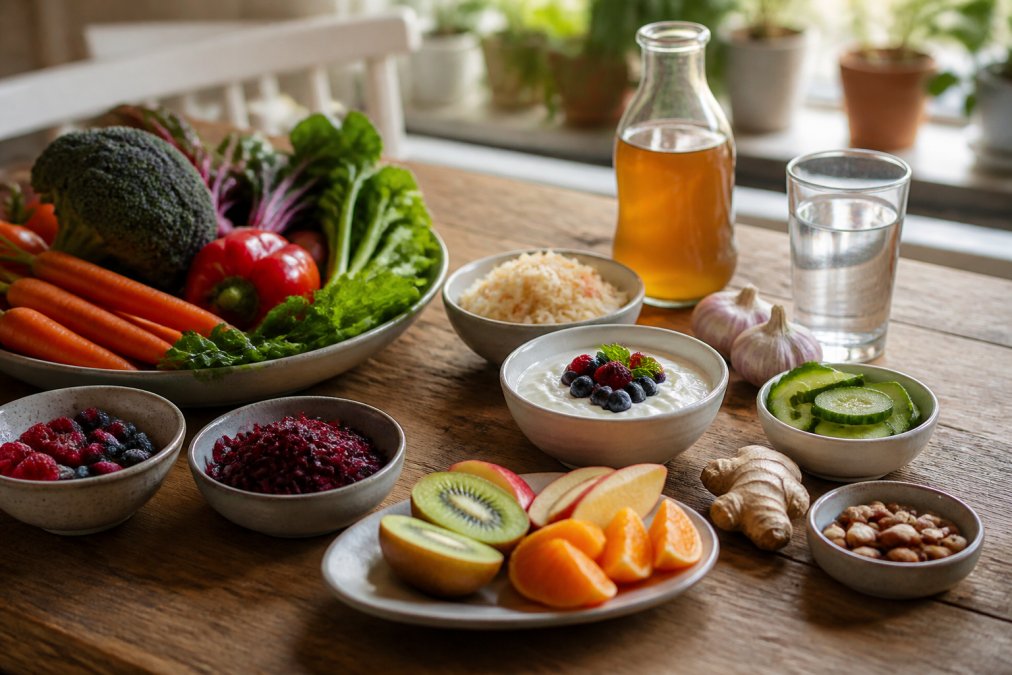 Kleurrijke gezonde voeding met gefermenteerde producten op een houten tafel voor darmgezondheid vitaliteit en welzijn.