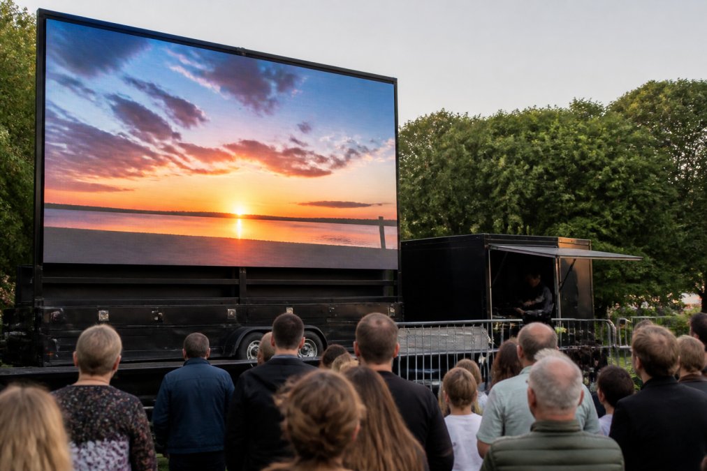 Een groot LED-scherm op een aanhangwagen met regieruimte op een buitenlocatie tijdens een evenement, bezoekers kijken omhoog naar het scherm, technicus controleert de installatie op de achtergrond