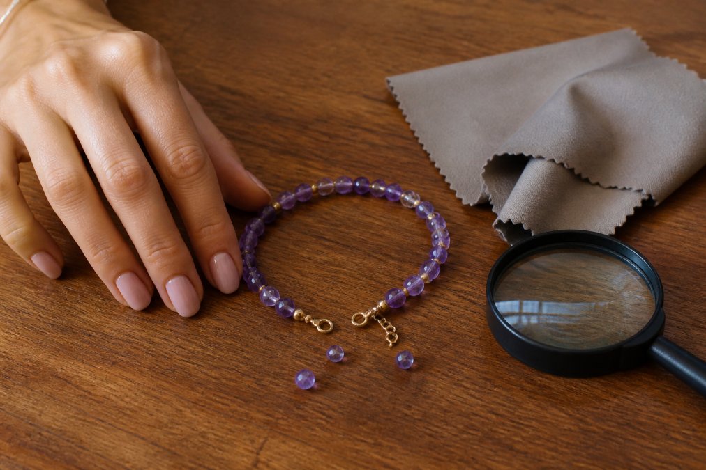 Close-up van een vrouwenhand met een gebroken edelsteen armband op een houten tafel, naast een vergrootglas en een zachte doek