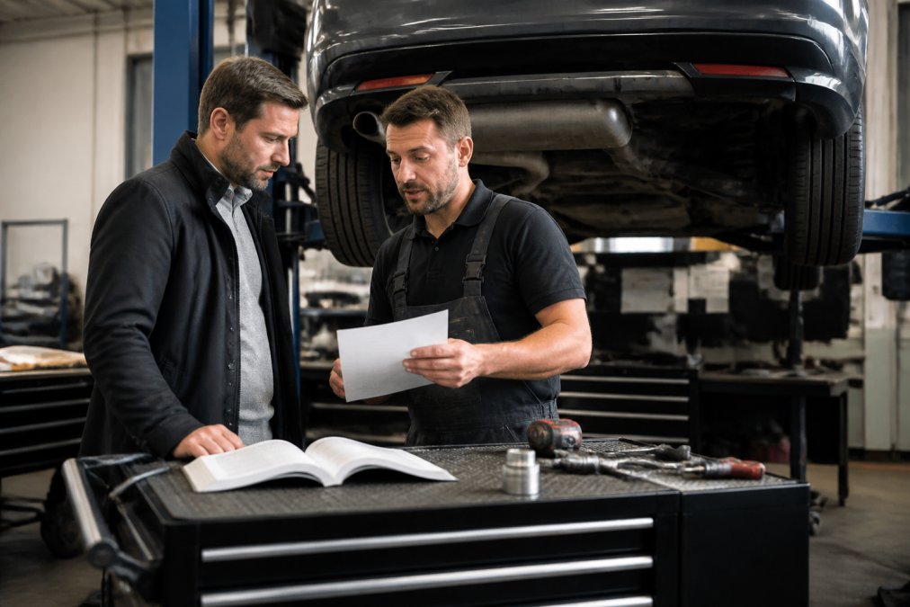 Automobilist en monteur bespreken een factuur in de garage, wat laat zien waarom garantie op auto onderdelen belangrijk is