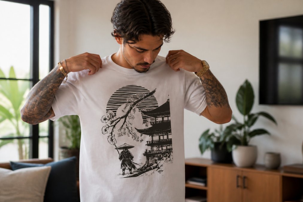 En person iført en T-shirt i kæmmet bomuld, med fokus på den glatte stofstruktur og den perfekt trykte grafik, i afslappede hjemlige omgivelser med naturligt lys