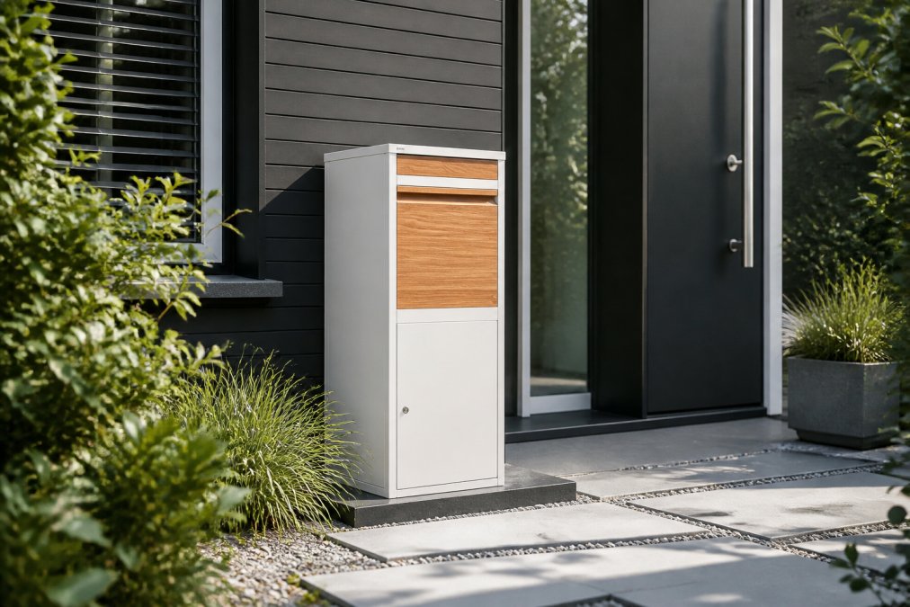 Moderne voorgevel van een huis met een elegante design pakketbrievenbus in gepoedercoat staal, perfect afgestemd op de architectuur, omgeven door groene planten en natuurlijke daglicht