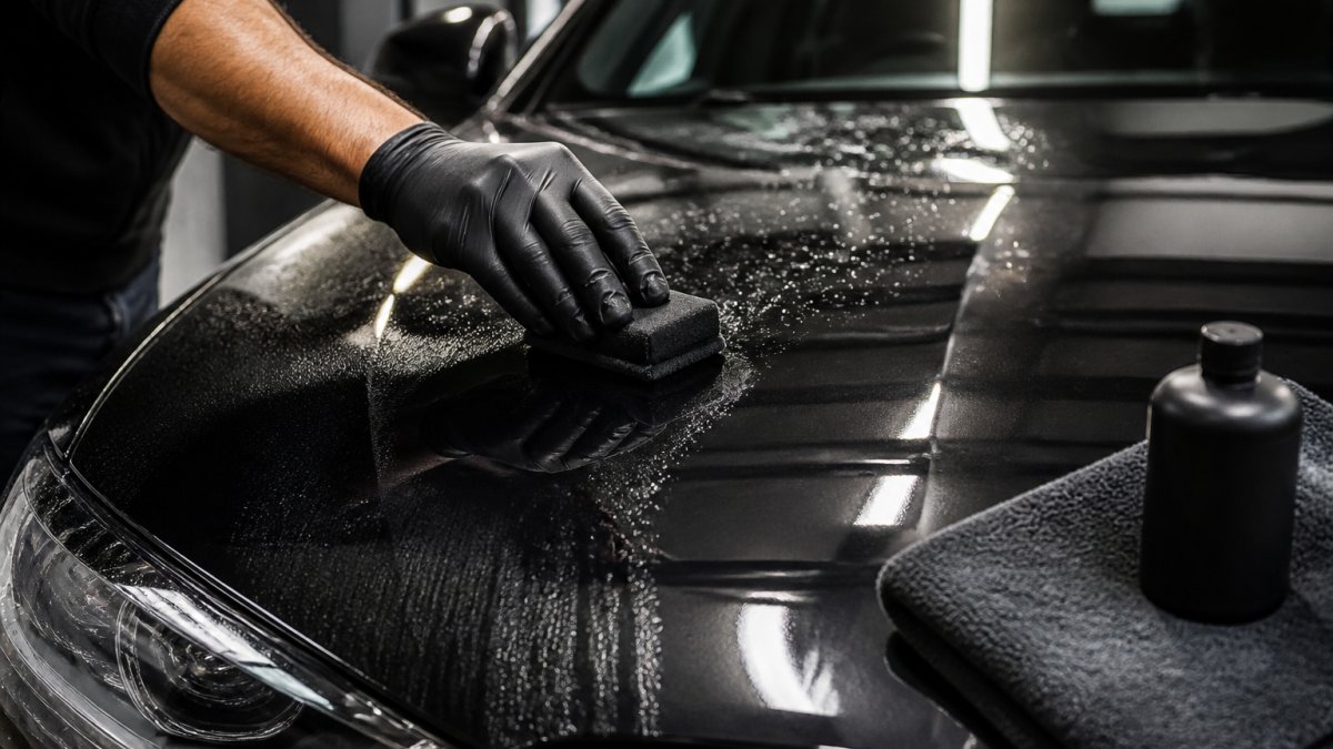 Professionele detailer die een microvezel applicator voorzichtig gebruikt om silica wax aan te brengen op een glanzende autolak, met zichtbare reflecties en waterdruppels op het oppervlak