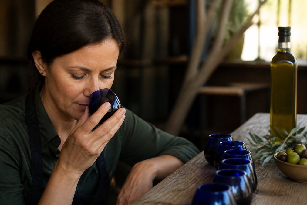 Close-up van een glazen fles biologische extra vierge olijfolie met een klein glas waarin de groen-gouden olie schijnt, op een rustieke houten tafel met enkele verse groene olijven ernaast