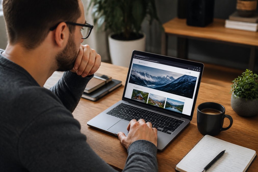 Iemand zit achter een bureau en controleert de laadsnelheid van een website op een laptop-scherm, met een kopje koffie ernaast