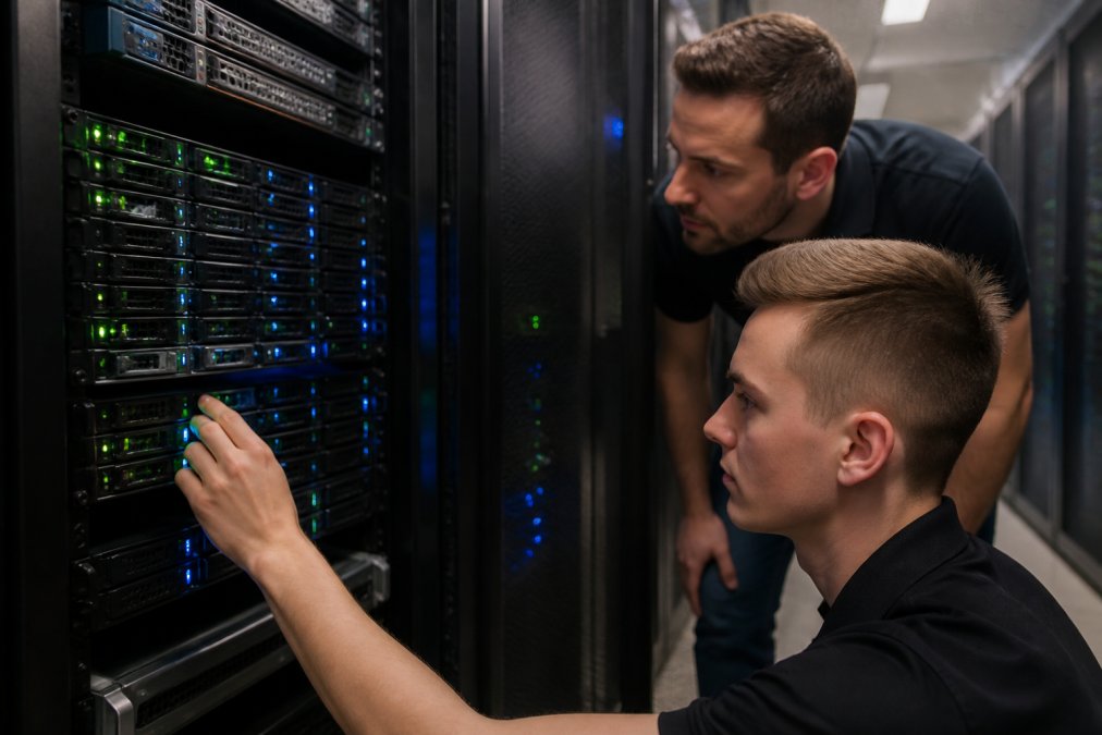 Close-up van serverkasten in een datacenter met blauwe en groene indicator-lampjes