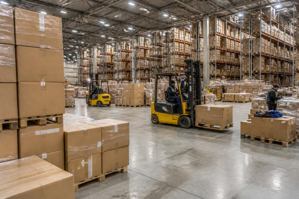 Stapels kartonnen dozen in een modern distributiecentrum met gele heftrucks en arbeiders die pakketten sorteren onder felle LED-verlichting