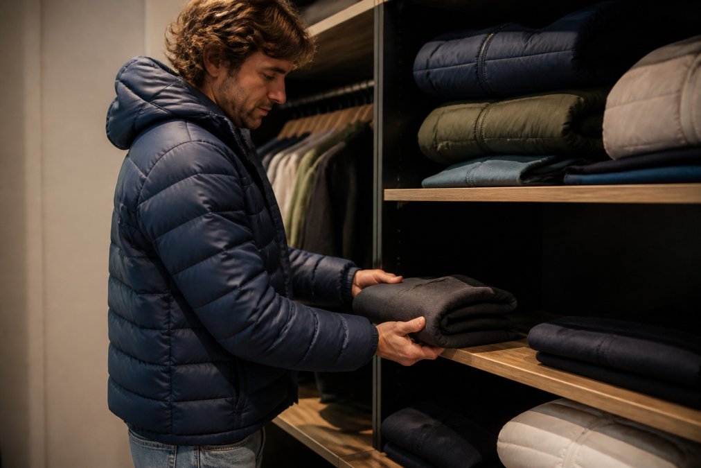 Iemand vouwt voorzichtig een donkere kwaliteit streetwear hoodie op om deze netjes in de kast te leggen voor goed onderhoud.