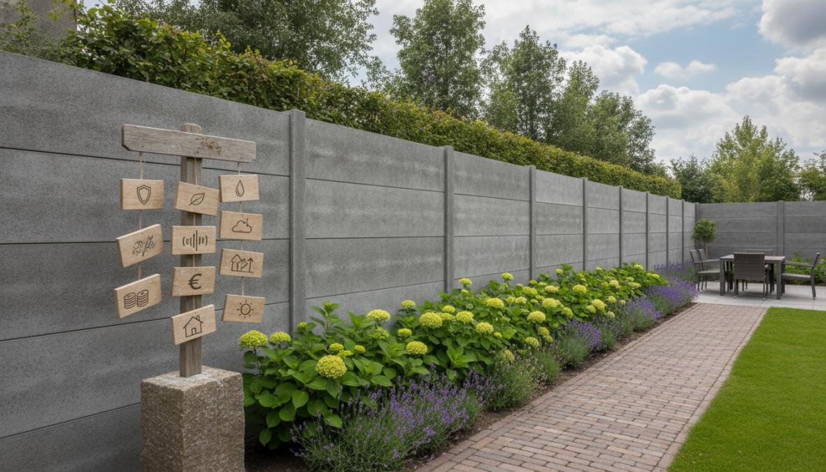 Verzorgde Nederlandse tuin op een zonnige dag met een stevige hout-betonschutting bestaande uit grijze betonnen palen, antraciet betonnen onderplaten en horizontale houten planken, omgeven door groen gazon en bloeiende tuinplanten