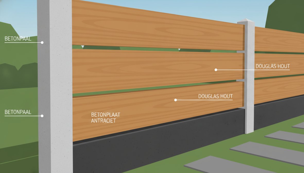 Infographic toont de opbouw van een hout-betonschutting: waarom kiezen voor betonnen schutting met Douglas hout en antraci...