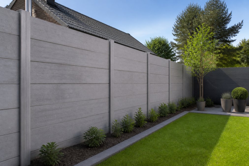 Professioneel geplaatste grijze betonnen schutting in moderne tuin met strakke lijnen, scherpe hoeken en perfecte afwerking onder helder daglicht, aangrenzend aan groen gazon