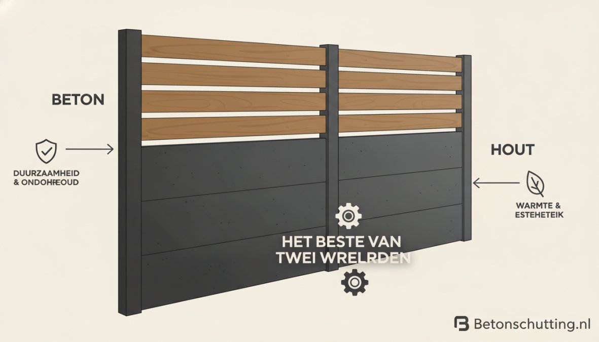 Close-up van moderne tuinafscheiding met grijze betonnen onderplaat en warm houtkleurig bovenpaneel, natuurlijk daglicht op de textuur