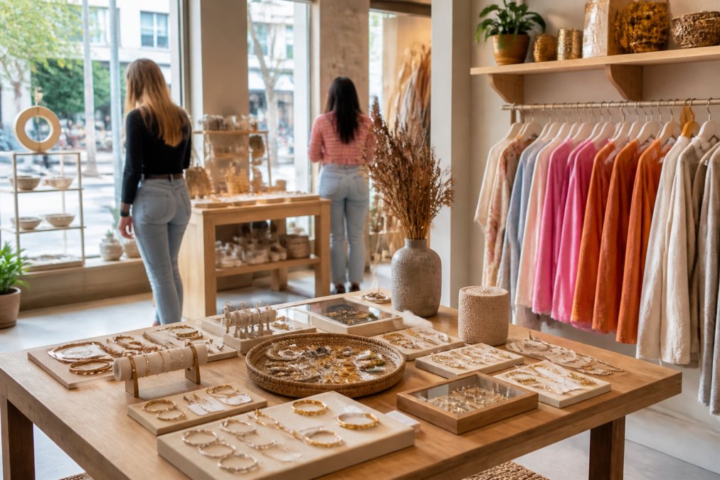 Warme, modern ingerichte conceptstore met zorgvuldig gerangschikt assortiment van mode, sieraden en woondecoratie, klanten browsend en genieten van de sfeer met natuurlijk licht door grote ramen