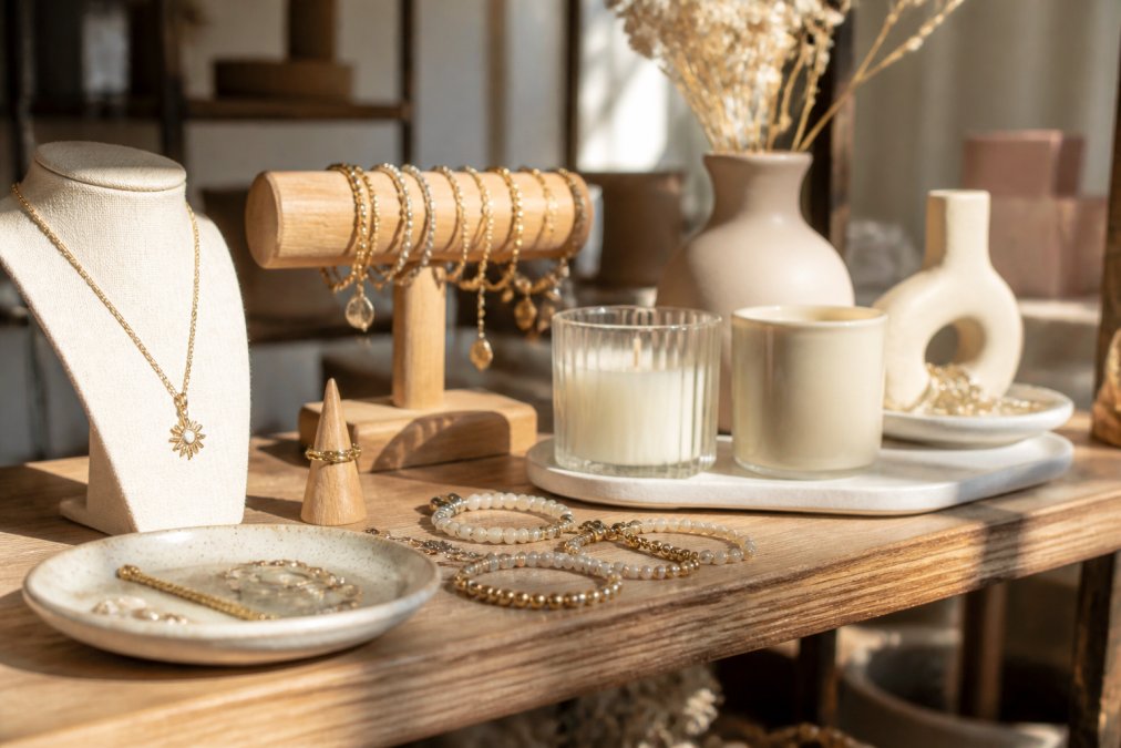 Close-up van elegante woondecoratie-items, sieraden en geurkaarsen fraai uitgestald op houten planken met natuurlijk licht, texturen zichtbaar