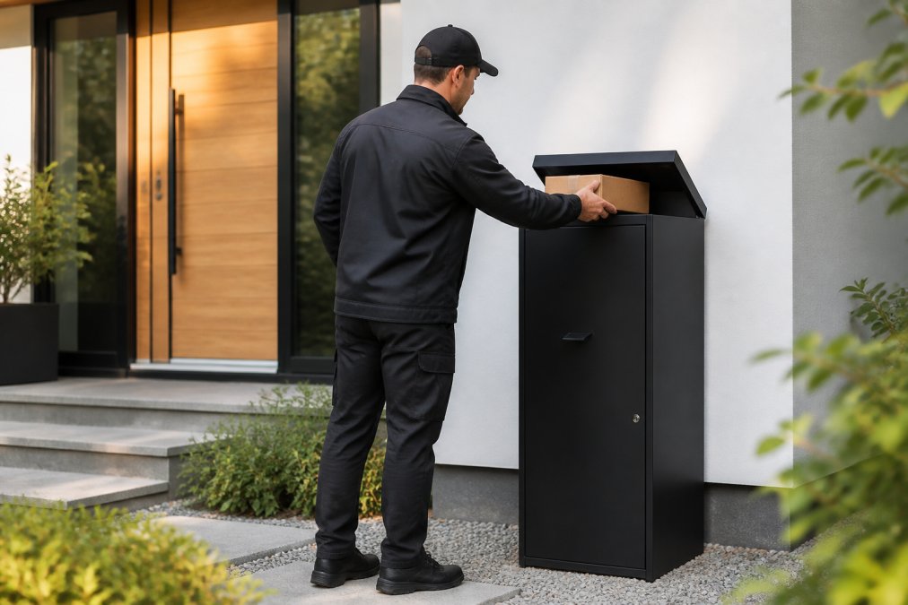Een moderne vrijstaande pakketbrievenbus van zwart gegalvaniseerd staal voor een strakke woninggevel, een bezorger plaatst net een pakket door de klep, zacht ochtendlicht