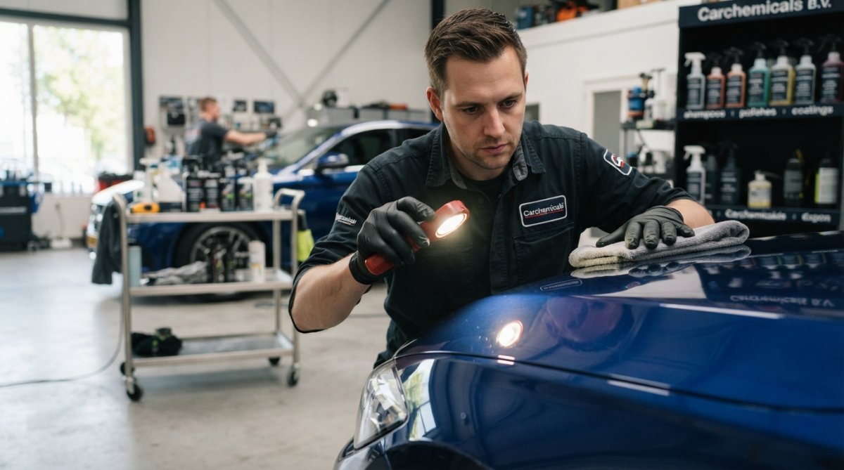 Close-up van een professionele detailer die een auto reinigt met professionele producten in een werkplaats, met duidelijke aandacht voor nauwkeurigheid en kwaliteit, onder felle werkplaatsverlichting