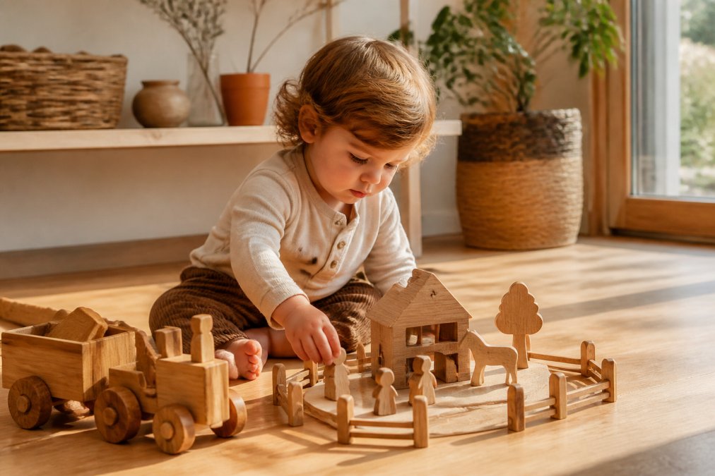 Een peuter die geconcentreerd met een handgemaakte houten speelset speelt op een houten vloer in een zonnige woonkamer, met natuurlijke materialen en aardse tinten op de achtergrond