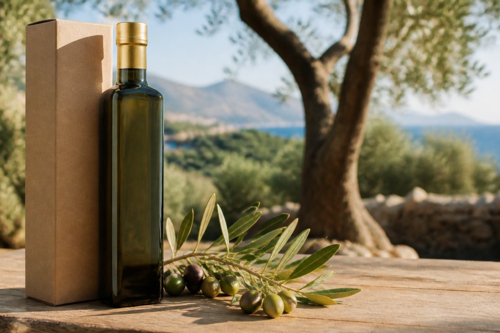 Premium bottle of extra virgin olive oil with original packaging, showing golden-green color and label details, placed on a natural wooden surface with fresh olive branches nearby