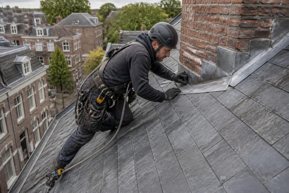 Professionele dakspecialist in veiligheidsharnasuitrusting voert dakinspectie uit op steile dakconstructie met gereedschapsriem en meetinstrumenten