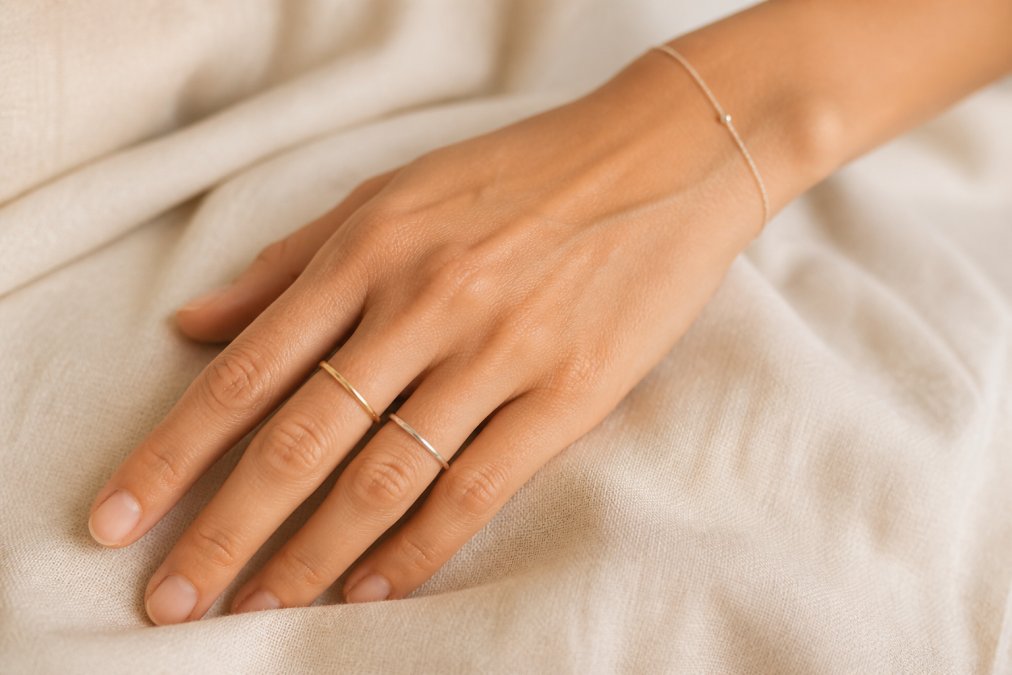 Close-up van een vrouwenhand met twee dunne gouden en zilveren minimalistische ringen aan de vingers, naast een subtiele armband om de pols, op een neutrale crèmekleurige achtergrond met zacht natuurlijk daglicht