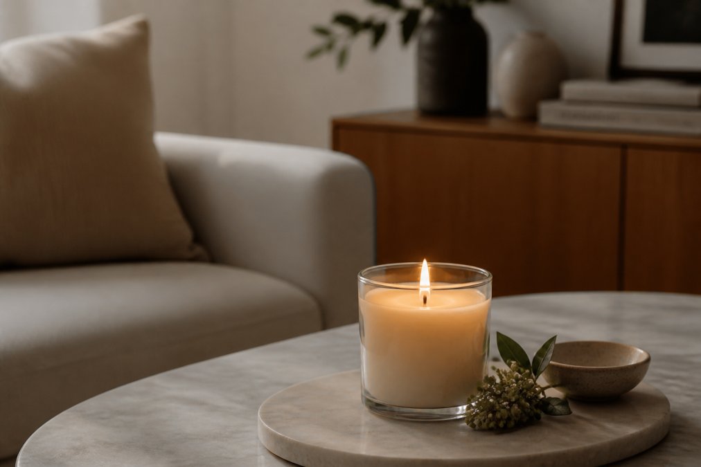 Aangestoken natuurlijke geurkaars met katoenen lont in een modern interieur, zachte gouden verlichting die op het glas reflecteert, rustige sfeer met minimale decoratie