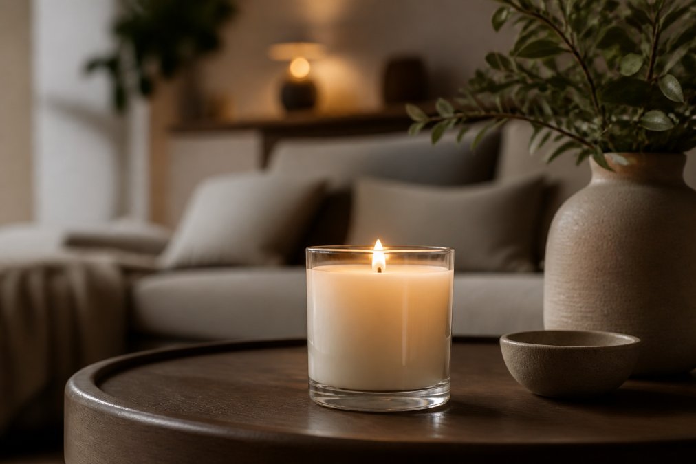 Brandende natuurlijke geurkaarsen met katoenen lont in een modern interieur met zachte gouden lichtreflecties op het glas.