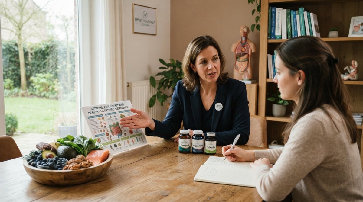Kleurrijke groenten en noten op een houten tafel die laten zien hoe orthomoleculaire therapie werkt via gezonde voeding.