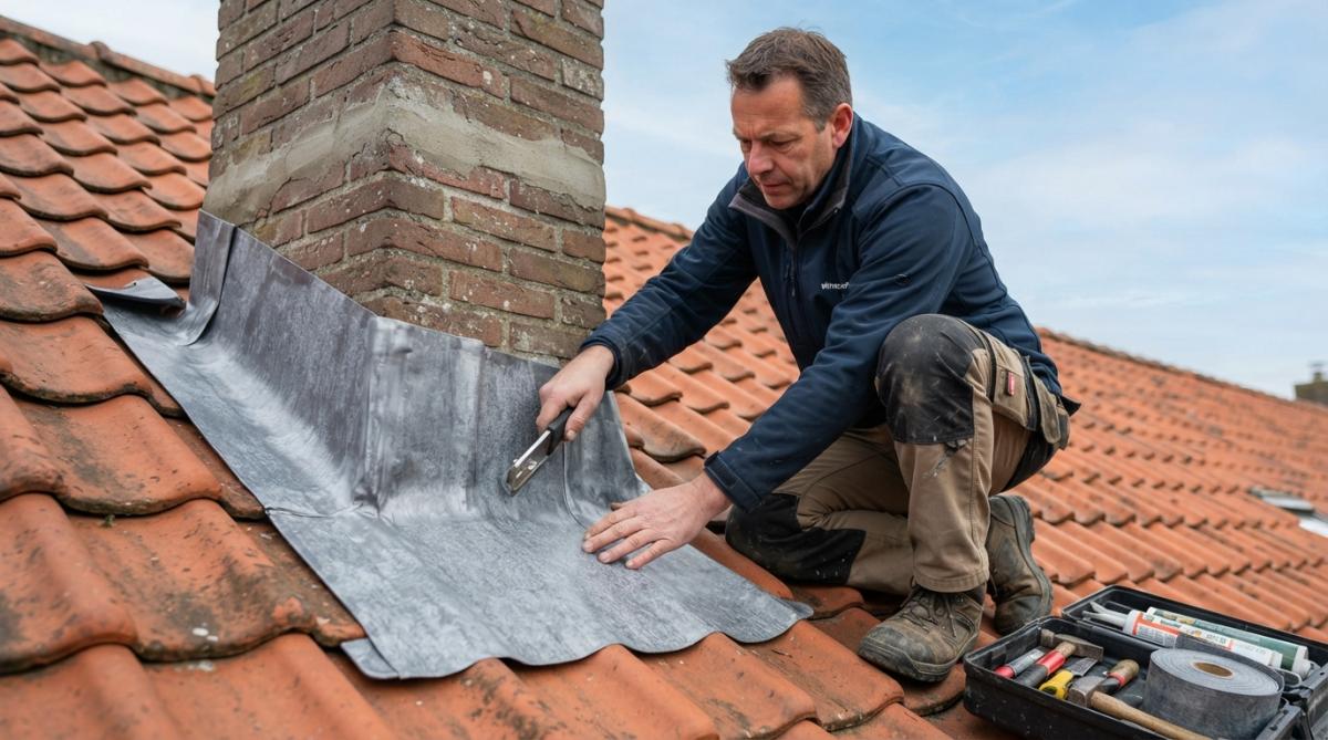 Vakman bezig met het aanbrengen van loodvervanger op dakrand, met gereedschap, beschermende kleding en voorzichtige handgrepen zichtbaar in helder daglicht