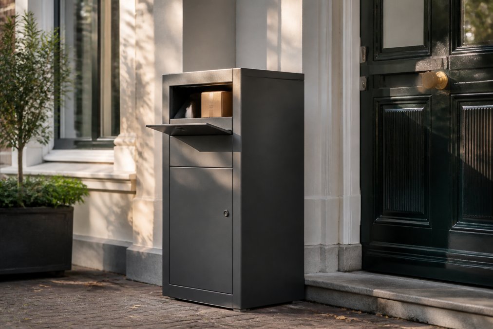 Moderne, stijlvolle pakketbrievenbus met grijs metalen design aan voordeur van herenhuis, zonlicht reflecteert op oppervlak, pakket zichtbaar in opening