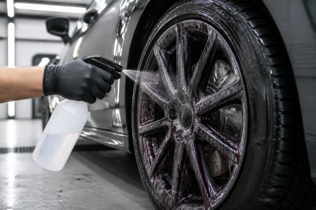 Close-up van een hand die een donkere lichtmetalen velg inspuit met een reiniger, waarbij paarsrode vloeistof langs het remstof naar beneden loopt, op de achtergrond een auto in een goed verlichte garage