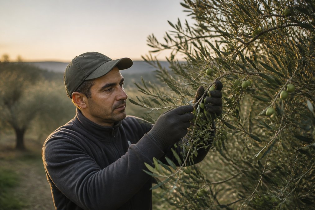 Professionele olijfteler die vroeg geoogste groene olijven handmatig plukt van een boom in het ochtendschemerlicht