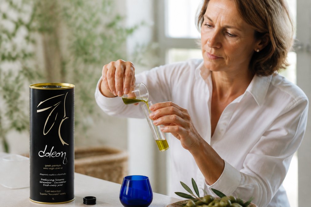 Persoon die voorzichtig premium extra vierge olijfolie in een proefglas giet, met een originele fles op de achtergrond in zachte natuurlijke verlichting