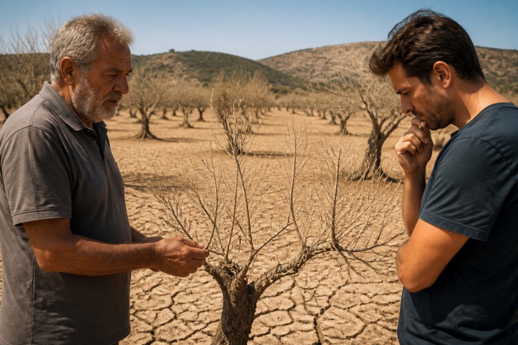 Verdorde olijfgaarden onder intense mediterrane zon, gebarsten aarde tussen verwelkte olijfbomen, droge takken zonder bladeren