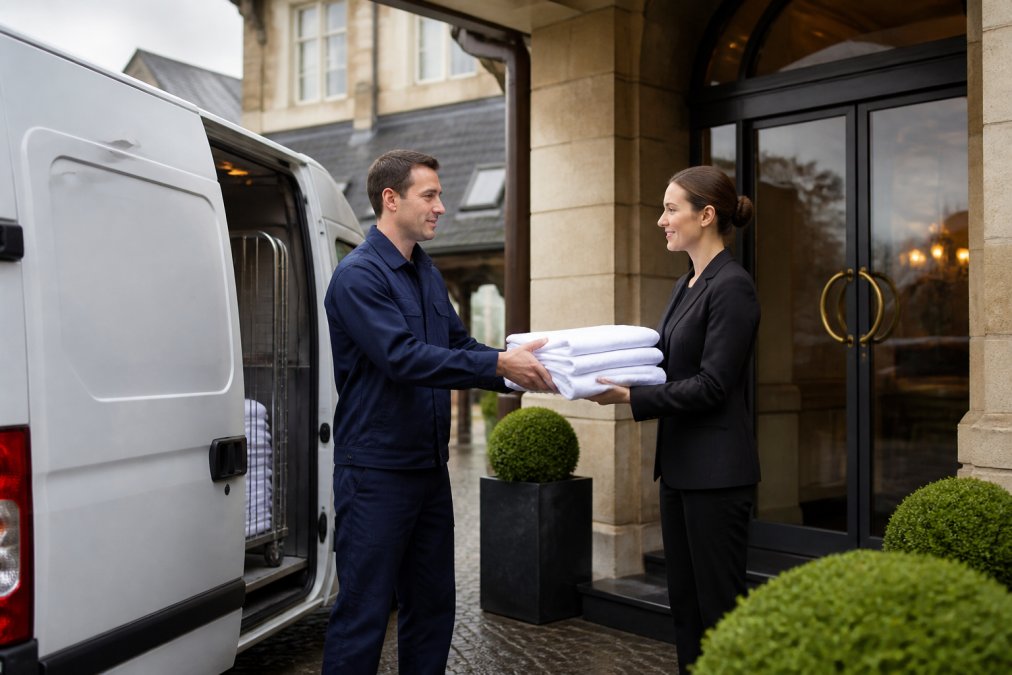 Chauffeur van een professionele wasserij levert wit bedlinnen bij een hotel in Zuid-Limburg.