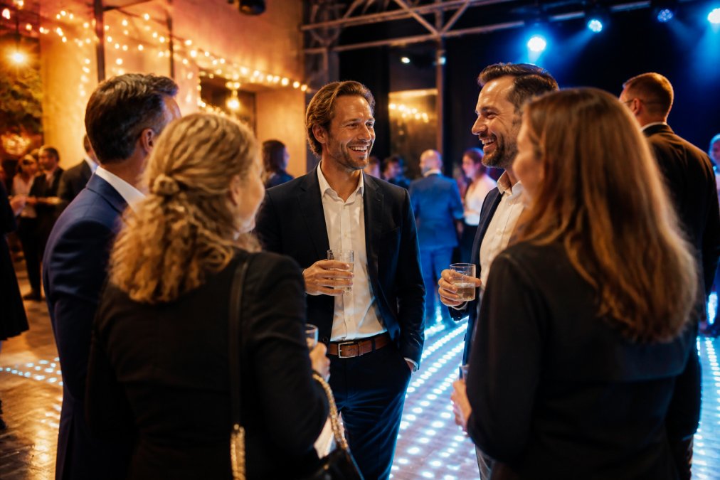 Groep zakenmensen die gezellig praten en lachen op een bedrijfsfeest met sfeervolle verlichting op de achtergrond, warme gele en blauwe lichteffecten die een ontspannen sfeer creëren