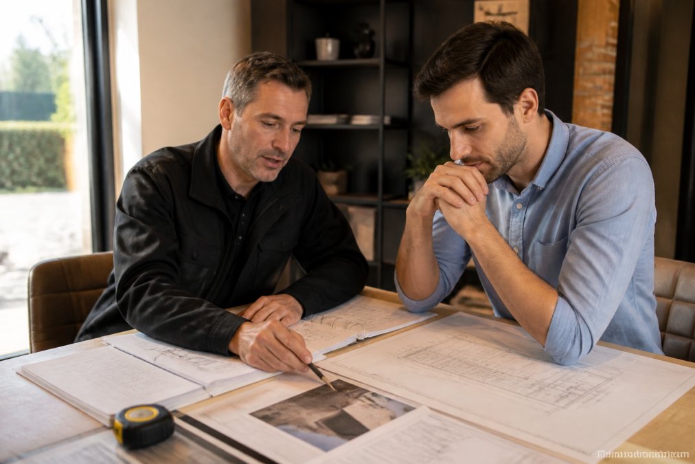Professional aannemer en huiseigenaar bespreken renovatieplannen aan een tafel met bouwschetsen, offertedocumenten en een meetlint in warm kantoorlicht