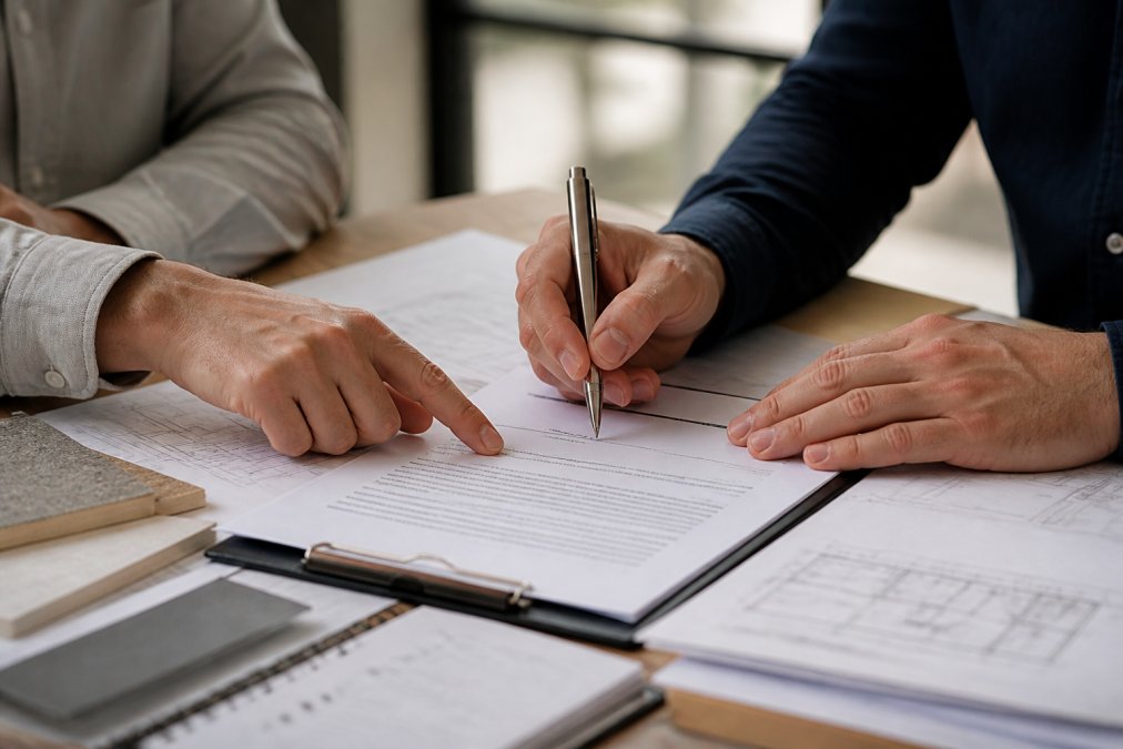 Close-up van twee handen die een contract ondertekenen met een zilveren pen op een bureau met architectuurschetsen en offertedocumenten in professioneel kantoorlicht