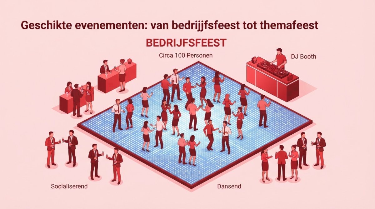 Zakelijk bedrijfsfeest met ongeveer 100 mensen in business casual kleding rond een verlichte dansvloer met professionele blauwe en witte kleuren, DJ aan één kant, gasten dansend en socialiserend