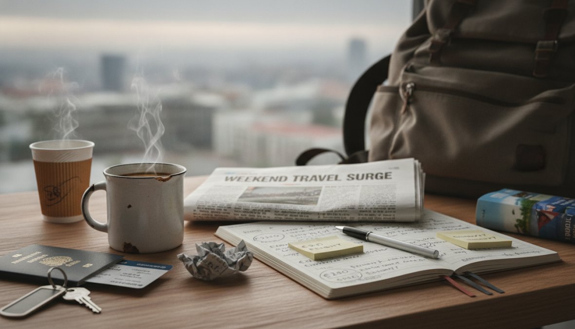Reiziger die vliegticketprijzen bekijkt op een laptop met een kopje koffie naast zich, terwijl hij naar een boekingswebsite kijkt