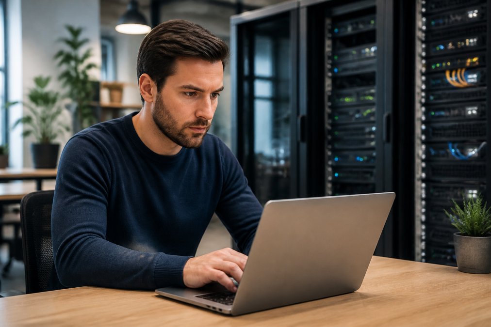 Webmaster werkend aan laptop in moderne werkplek met serverracks zichtbaar op achtergrond, concentratievolle uitdrukking op gezicht