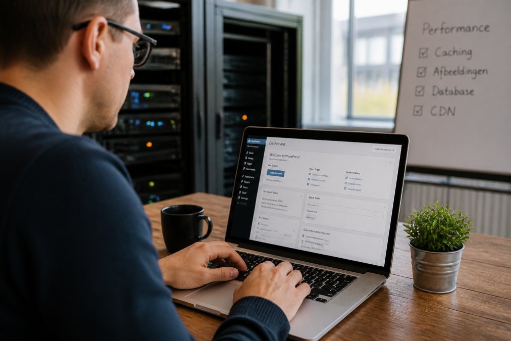 Handen typend op toetsenbord met WordPress-dashboard zichtbaar op scherm, snelheidsmetingen en grafiekjes in achtergrondfocus