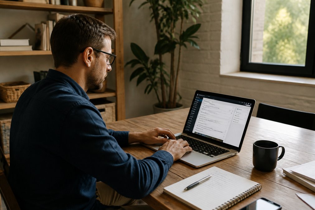 Waarom WordPress kiezen voor je bedrijfswebsite? Een ondernemer achter een bureau met een laptop, een notitieboek en een kop koffie, met op het scherm een WordPress-dashboard zichtbaar
