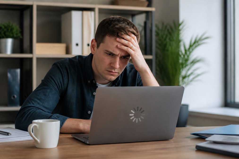 Iemand zit gefrustreerd achter een laptop met een laadingicoon zichtbaar op het scherm, kantooromgeving met koffiekopje op het bureau